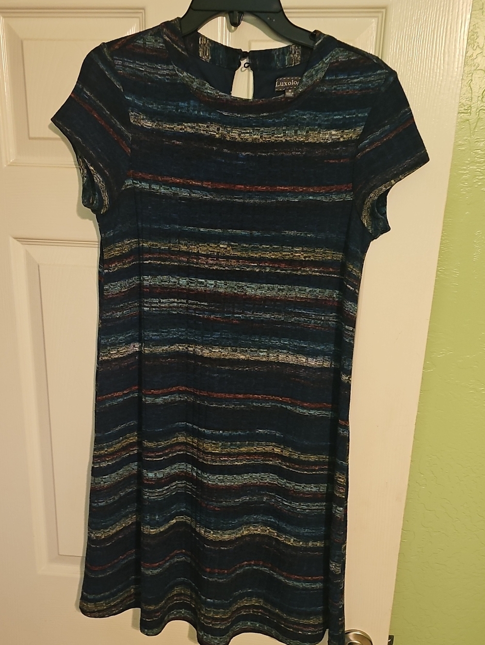 Luxology Navy Multicolor Striped Short-Sleeve A-Line Dress